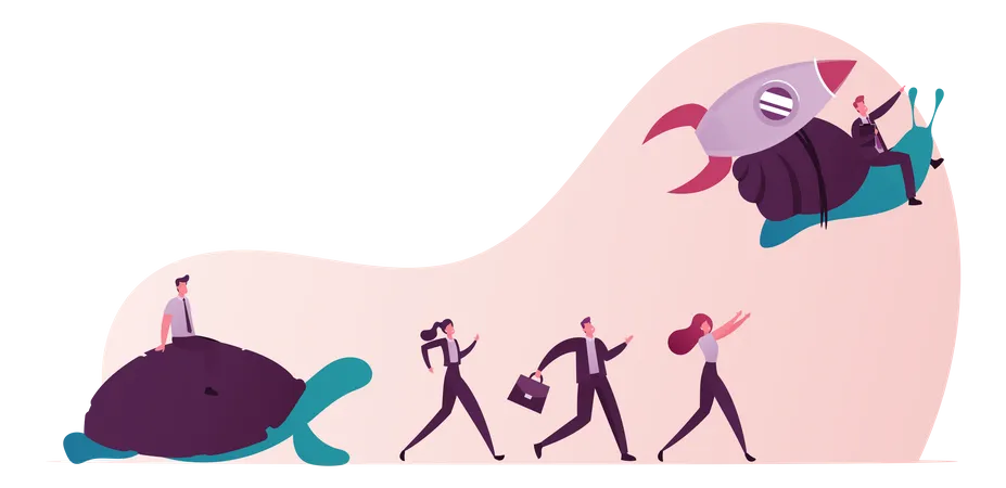 Business Acceleration Concept Business People Race Leadership Competition Male And Female Manager Characters Riding Turtle And Flying On Speedy Snail With Rocket Engine Cartoon Vector Illustration Illustration