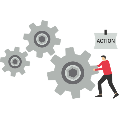 Business action plan leader turns gears to put action plan into action.  Illustration