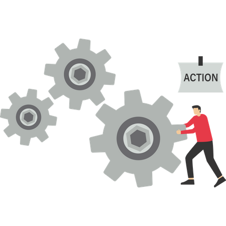 Business action plan leader turns gears to put action plan into action.  Illustration