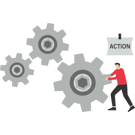 Business action plan leader turns gears to put action plan into action.  Illustration