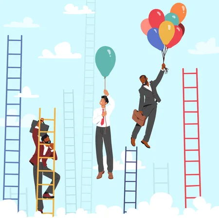 Concept Depicts Male Characters Climbing A Ladder And Soar On Balloons To Gain A Business Advantage Symbolizing Hard Work And Determination Rewards And Success Cartoon People Vector Illustration Illustration
