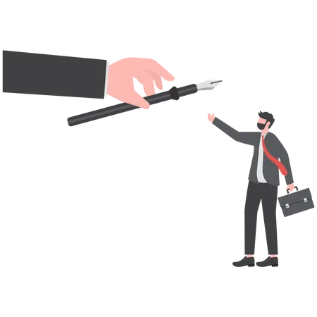 Career Opportunity Job Promote Giving Power Or Strength To Employee To Make Decision Or Empower And Courage For Leadership Concept Big Hand Giving Fountain Pen To Smart Confidence Businessman Illustration