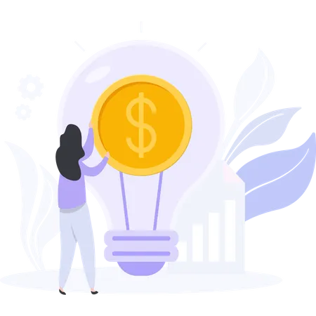 Female Employee Doing Business Startup With Dollar Ideas Illustration