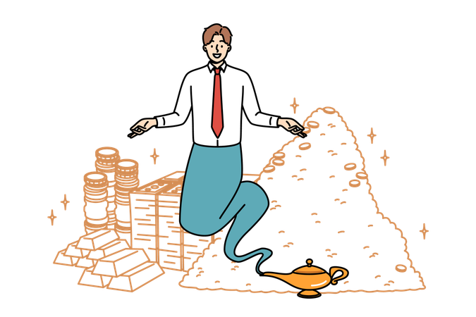 Business aladdin appears from magic lamp and creates wealth and capital through magic  Illustration