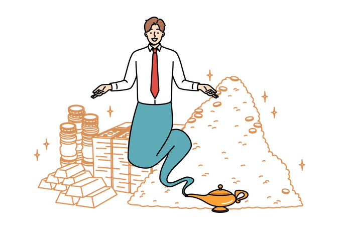 Business aladdin appears from magic lamp and creates wealth and capital through magic  Illustration
