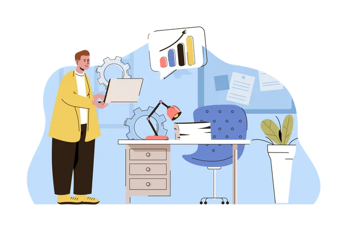 Office Life Concept Male Manager Working Performing Work Tasks In Workplace Situation Corporate Culture People Scene Vector Illustration With Flat Character Design For Website And Mobile Site Illustration