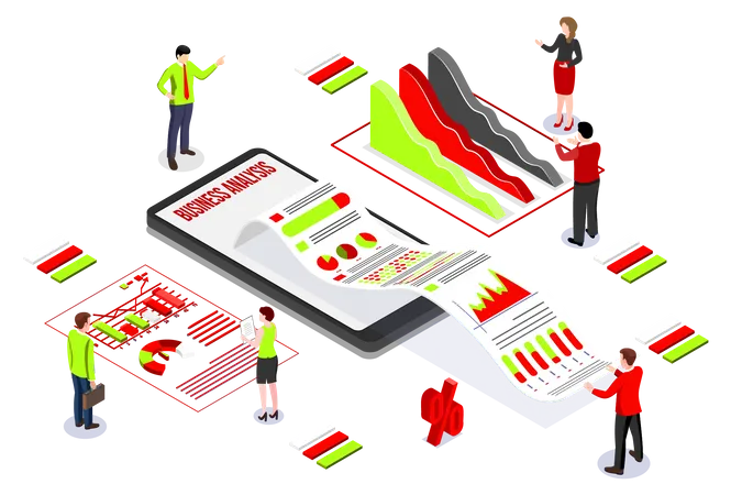 Business Analysis Technology Concept Isometric Vector Illustration Process Working With Big Database On Data Center System For Diagrams Of Sales Management Statistics And Operational Reports Illustration
