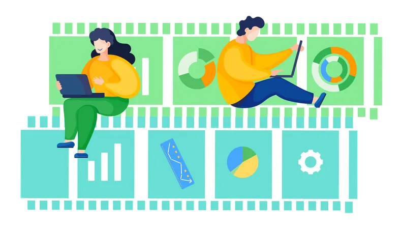 Office Employee Is Working On A Computer And Sending An Email People Are Using A Laptop For Communication And Work Business Planning Man And Woman Are Sitting On Film Strip With Gears And Charts Illustration