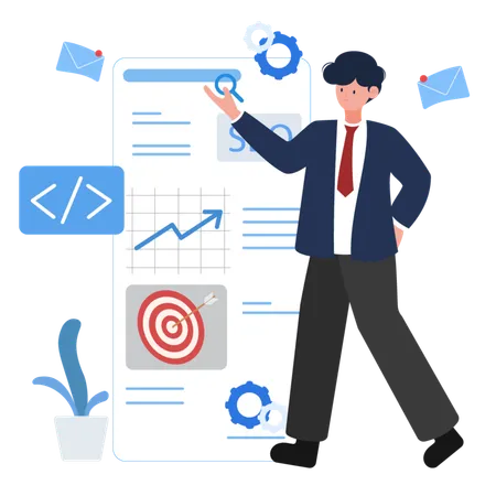 Business Analysis And Strategy Vector Illustration A Businessman Presenting Data Charts SEO Concepts And Target Graphics Ideal For Business Analysis Digital Marketing And Project Management Visuals Illustration
