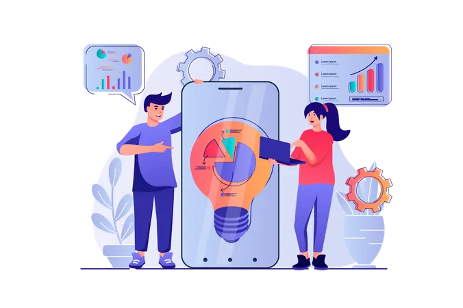 Business Idea Concept With People Scene Man And Woman Generate New Ideas Analyzing Data In App Develop Success Strategy For New Project Vector Illustration With Characters In Flat Design For Web Illustration