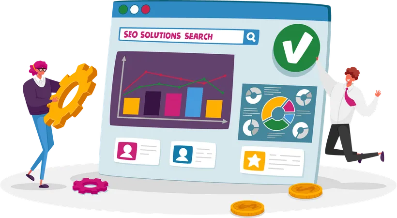 Seo Search Engine Optimization Business Data Analysis Concept Marketing Strategy Analytics With Tiny Characters Analyzing Financial Statistics Data Charts On Pc Cartoon People Vector Illustration Illustration