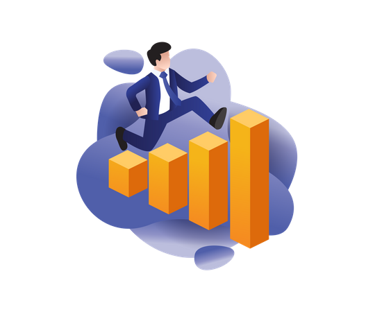 Business analyst bar chart jumping man  Illustration