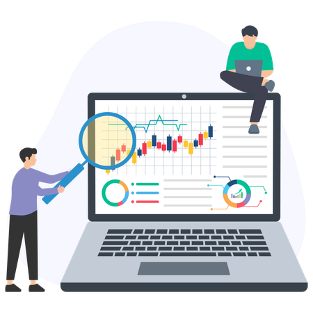 Business analysts examining financial charts and graphs on a laptop  Illustration