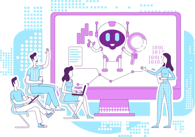 Business Analytics Bot Thin Line Concept Vector Illustration AI Robot Development Lecture Analysts 2 D Cartoon Characters For Web Design Automated Internet Searching Software Creative Idea Illustration