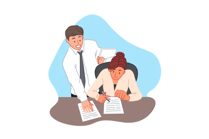 Contract Signing Agreement Office Paperwork Business And Finance Concept Businessman Bringing Documents For Signature Executive Signing Paper Business Woman And Office Clerk Simple Flat Vector Illustration