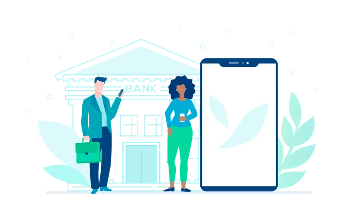 Business And Finance Colorful Flat Design Style Illustration On White Background A Composition With Colleagues Standing At Bank Building A Smartphone With Place For Your Image On The Screen Illustration