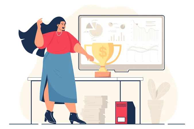 Business Award Concept For Web Banner Businesswoman Celebrating Victory And Achieving Goals With Trophy Cup Modern Person Scene Vector Illustration In Flat Cartoon Design With People Characters Illustration