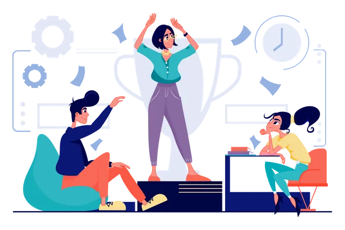 Business Award Concept In Flat Cartoon Design Colleagues Celebrating Victory At Office And Achieving Goals Successfully Completing Work Task Together Vector Illustration With People Scene For Web Illustration