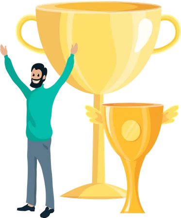 Golden Cup Winner Cheerfull Businessman Enjoying Success Happy Man Winning Reward Successfull Worker And Trophy Man Holding His Hands Up Isolated On White Illustration