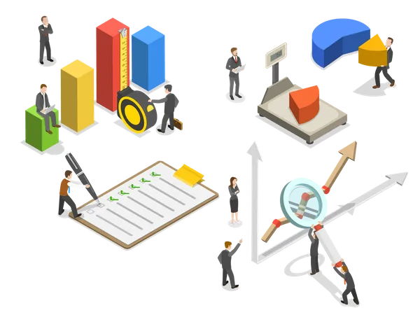 Business Benchmarking Flat Isometric Vector Group Of People Are Measuring Company Performance Illustration