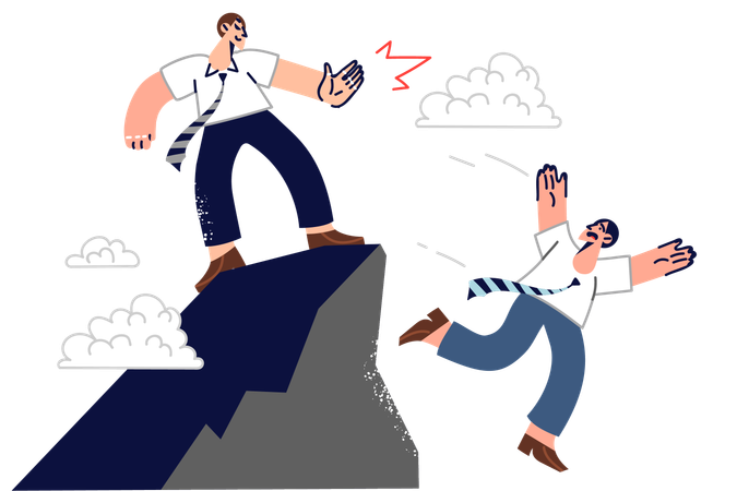 Business betrayal from vile partner who pushed colleague off cliff to get rid of competitor  Illustration