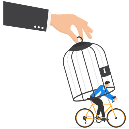 Business big hand catching small businessman with Bicycle with birdcage  Illustration