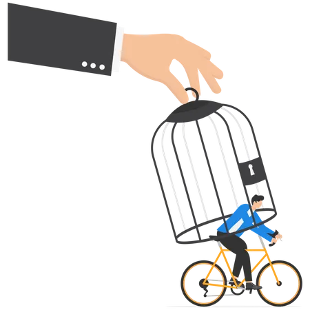 Big Hand Catching Small Businessman With Bicycle With Birdcage Modern Vector Illustration In Flat Style Illustration