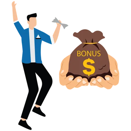 Business big hand giving bonus money to Male employer  Illustration