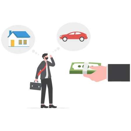 Personal Finance Management And Budget Businessman Thinking About Buying A Car Or A House Illustration