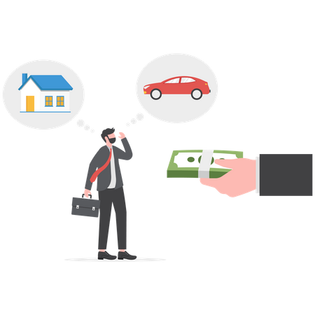 Business big hand supporting businessman for buying a car or a house  Illustration