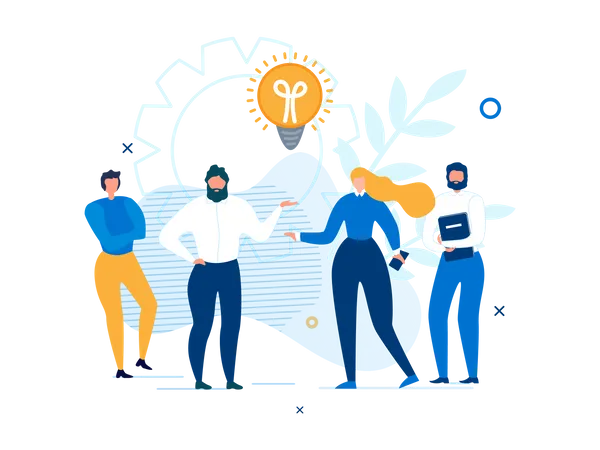 Brainstorming Design Landing Page Creative Business Process And Strategy People Work In Team Create Idea Achieve Goal Male Female Coworkers Stand Under Light Bulb Lamp Vector Flat Illustration Illustration