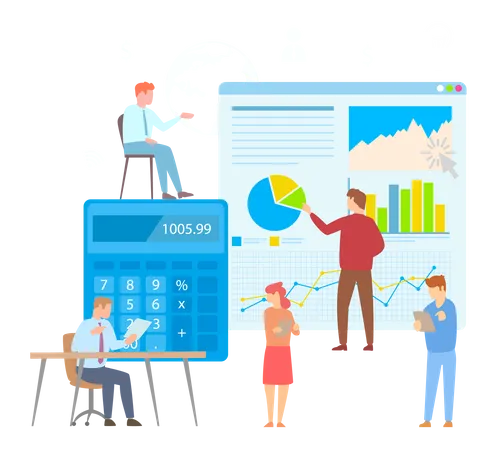 Financial Statement Analysis And Statistic Online Servises Business Team Counting With Calculator Managers And Financiers With Laptop Accounting Profi Analyze Graphs And Diagrams At Meeting Illustration