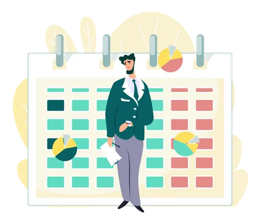A Man With A Folder In His Hands Stands On The Background Of A Calendar And Diagrams With A Countdown On Work Young Man Is Preparing To Present A New Project At Meeting Working Day For Office Worker Illustration
