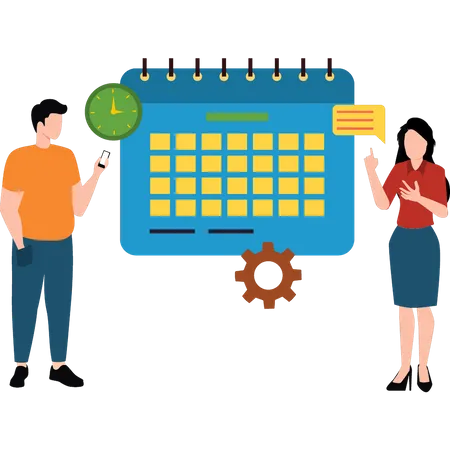 A Boy And A Girl Are Talking About A Business Calendar Illustration