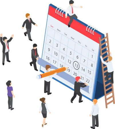 Flat 3 D Isometric Business People Planning And Scheduling Operation By Drawing Circle Mark On Desk Calendar Business Operations Planning And Scheduling Concept Illustration