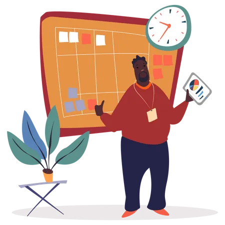 African American Male Employee Making Business Plan Presentation Calendar With Schedule And Colorful Stickers Potted Plant On Stand Successful Organization Of Working Tasks Vector Illustration Illustration