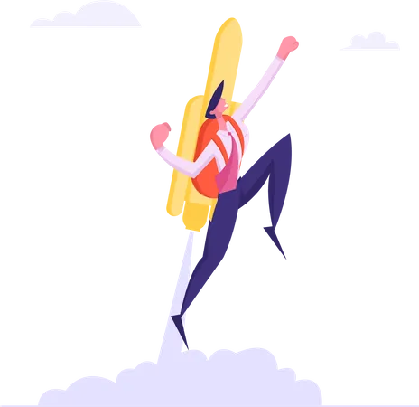 Cheerful Businessman Flying Off With Jet Pack Male Office Worker Flying Up By Rocket On Back Take Off The Ground Business Concept Career Boost Start Up And Growth Cartoon Flat Vector Illustration Illustration