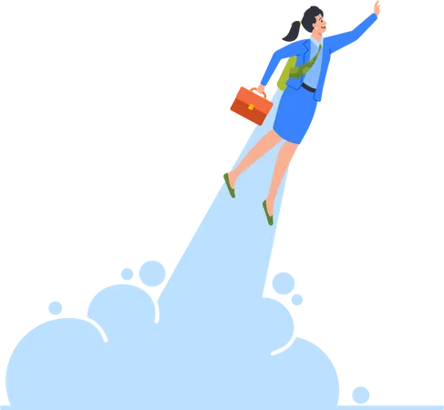 Working Success Startup Happy Business Woman Or Manager Fly On Jetpack To Goal Achievement Character With Rocket On Back Reach New Level Of Development Career Boost Cartoon Vector Illustration Illustration
