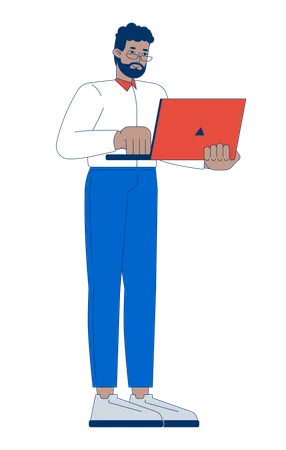 Business casual black man standing with laptop typing  Illustration