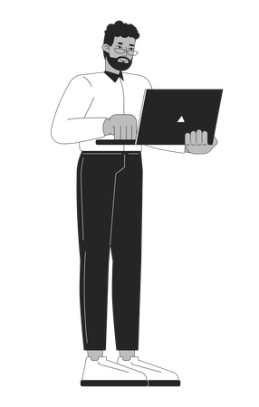 Business casual black man standing with laptop typing  Illustration