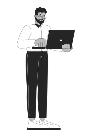 Business casual black man standing with laptop typing  Illustration