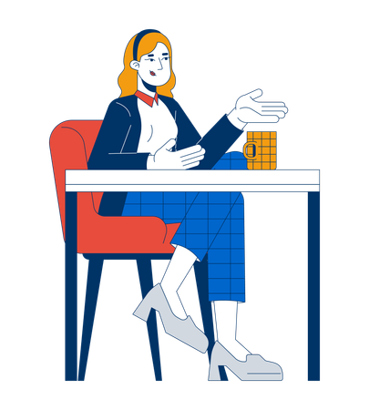 Business casual blonde woman sitting at desk with coffee cup  Illustration