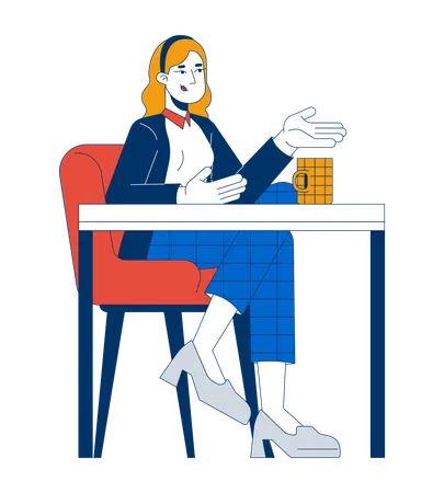 Business casual blonde woman sitting at desk with coffee cup  Illustration