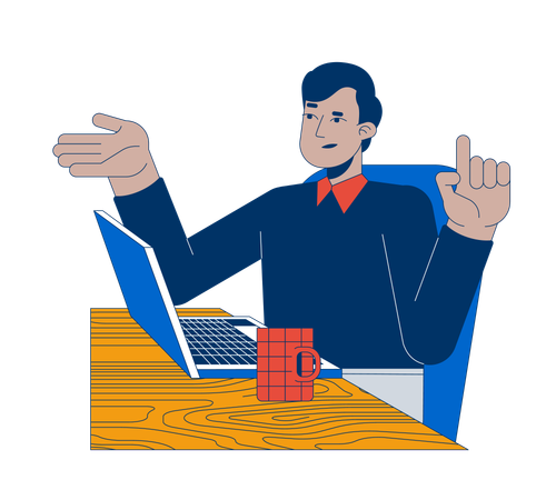 Business casual indian male employee reasoning at laptop  Illustration