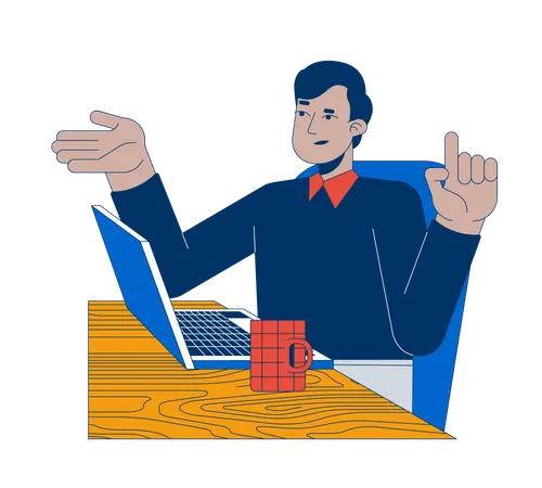 Business casual indian male employee reasoning at laptop  Illustration