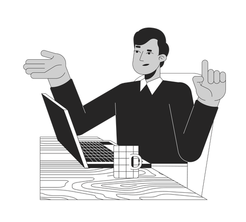 Business casual indian male employee reasoning at laptop  Illustration