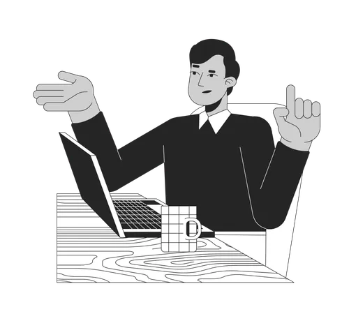 Business casual indian male employee reasoning at laptop  Illustration