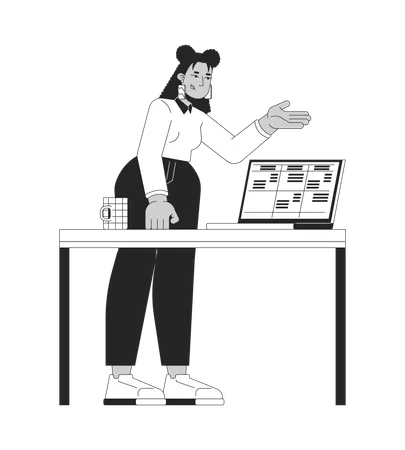 Business casual latina office worker explaining data table on laptop  Illustration