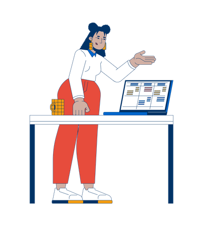 Business casual latina office worker explaining data table on laptop  Illustration