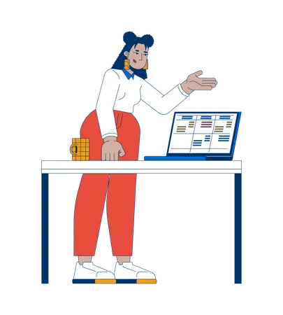 Business casual latina office worker explaining data table on laptop  Illustration